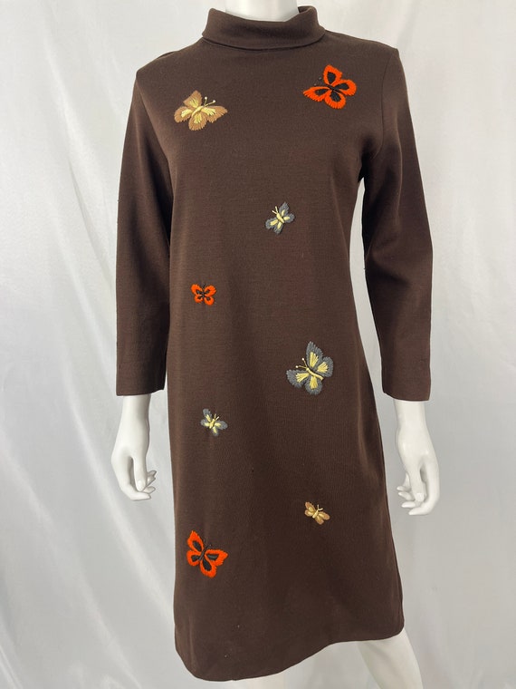 Vintage 60s Brown Butterfly Embroidered Long Sleev