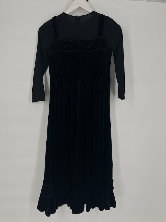 Vintage 90s Black Velvet Ruffle 3/4 Sleeve Dress … - image 3