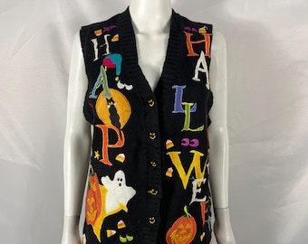 Vintage 90s Halloween Sweater Vest By Tiara - Size L