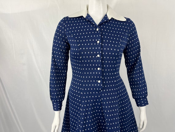 Vintage 70s Long Sleeve Blue Polka Dot Dress By A… - image 1