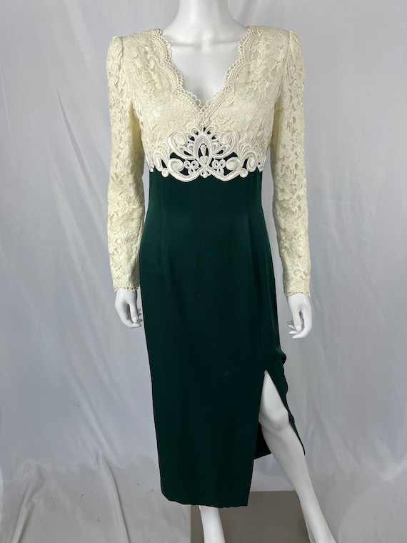 Vintage 80s Dress With White Lace Bodice And Gree… - image 2