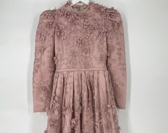 Vintage 70's Homemade Pink Dress With Embroidered Tulle Overlay And Applique Flowers \ Measures As A Size XS \ SEE Description And Photos