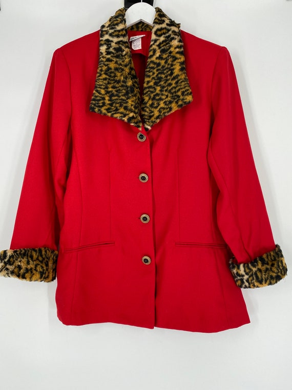 Vintage 80's Red Blazer With Animal Print Faux Fu… - image 2