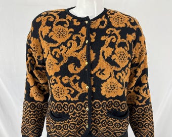 Vintage 80s Black And Brown Button Up Cardigan By Tarazzia \ Size L \ PLEASE See Item Description And Photos