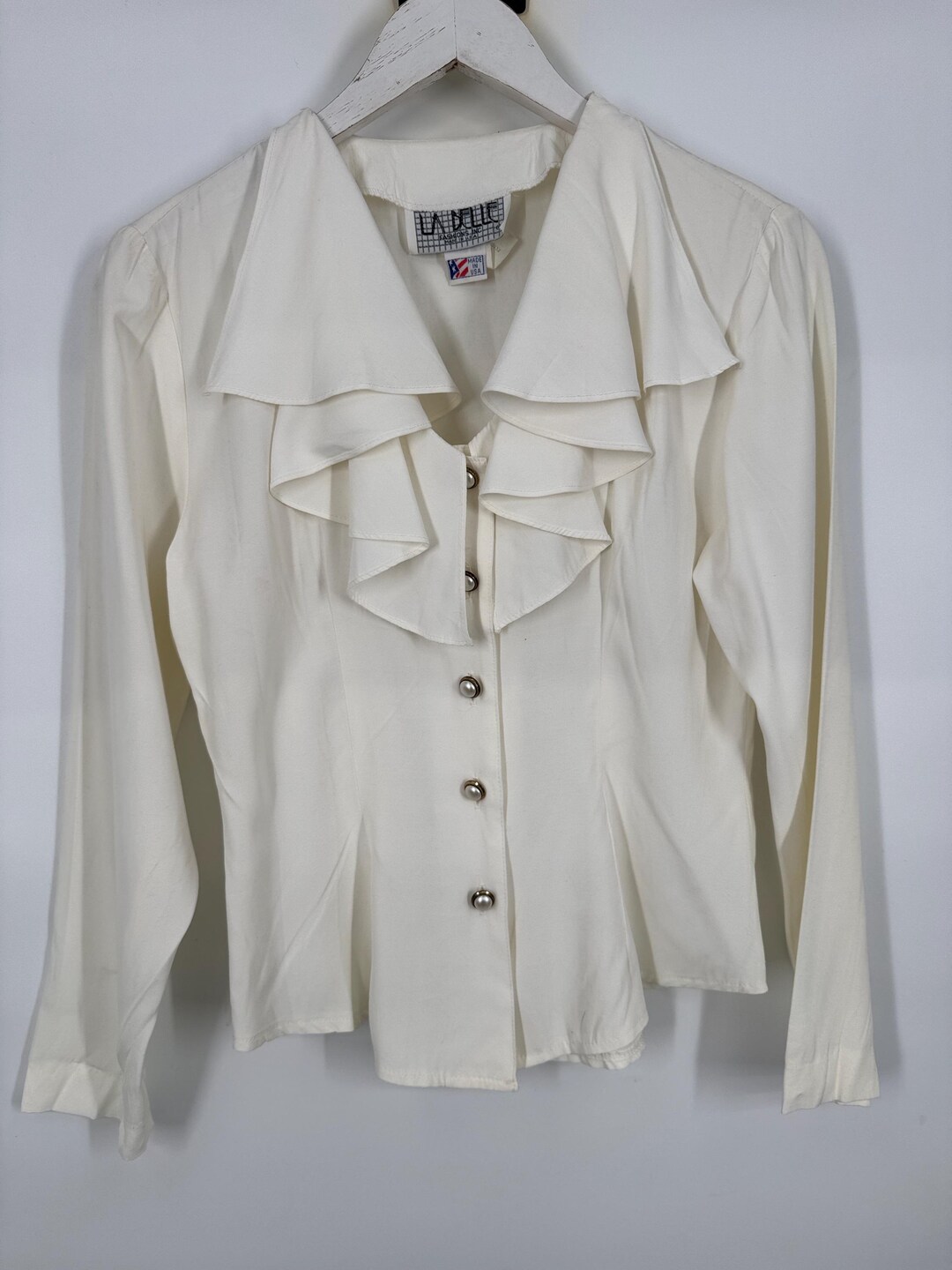 Vintage 80s White Ruffle Collared Blouse by La Belle \ Size S \ STAINED ...