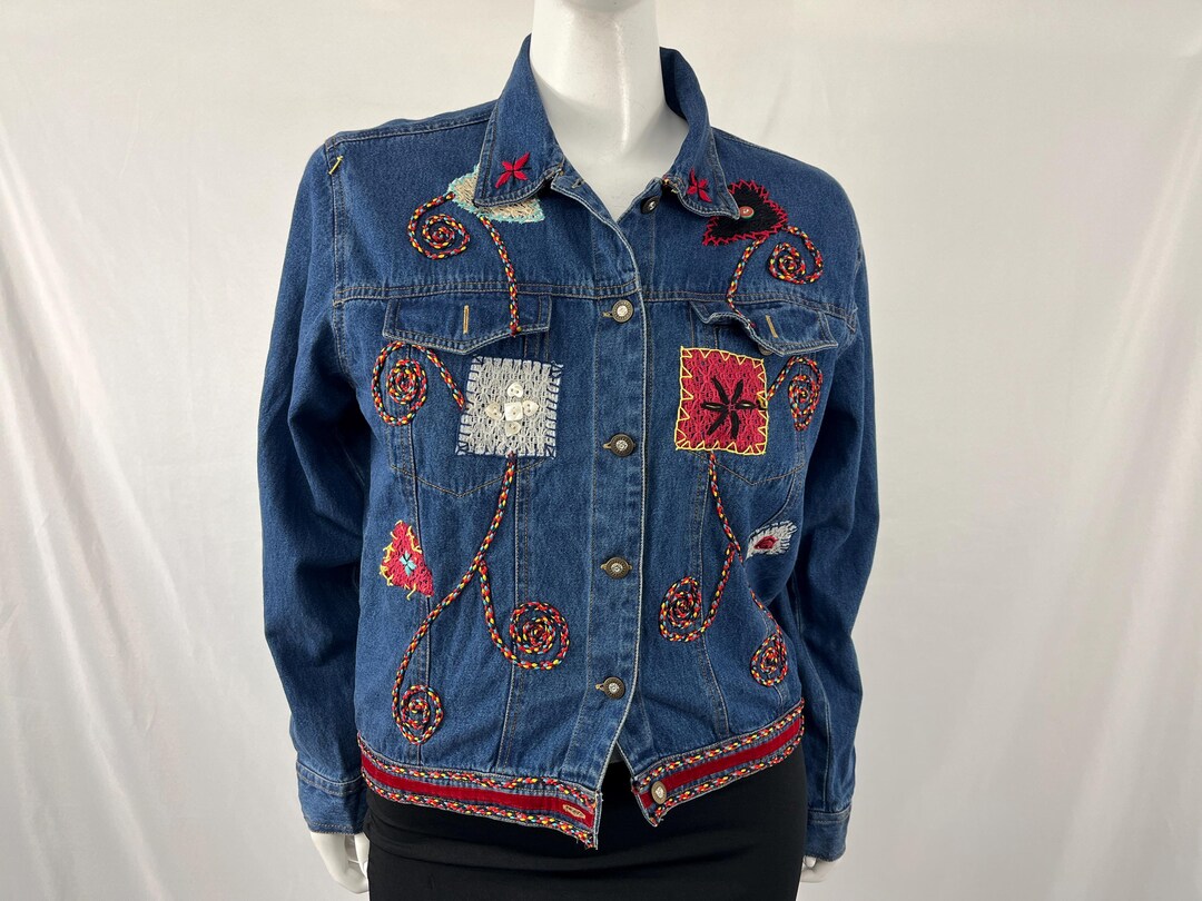 ジャケット・アウター 90s vintage Design denim jacket Vintage 90s/y2k 100% Cotton Embroidered Funky Print New