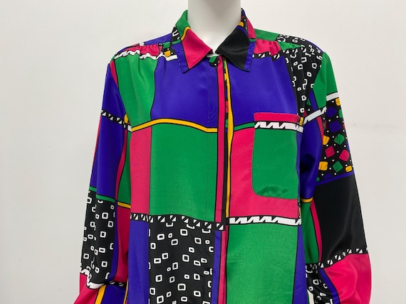 Vintage 90's Bright Funky Patchwork Pattern Blous… - image 1