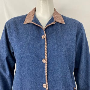 Vintage 90's Lightweight Denim Barn Jacket With Embroidered Pockets And Gingham Trim -By Teddy - Measures Size L -See Description And Photos