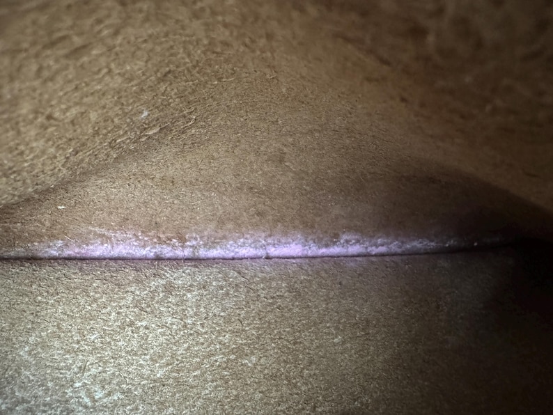 May include: Interior view of a brown leather bag. The image shows the inside of the bag, with a visible seam and a subtle purple hue along the seam. The leather has a textured appearance.