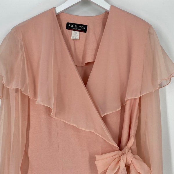 Vintage 80's Pink Wrap Blouse With Sheer Sleeves And Collar By JR Nites \ Size 11/12 \ Made In USA \ PLEASE See Description And Photos