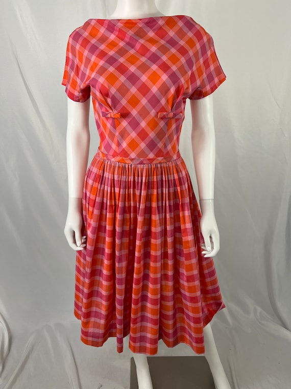 Vintage 50s Adorable Pink And Orange Plaid Dress … - image 2