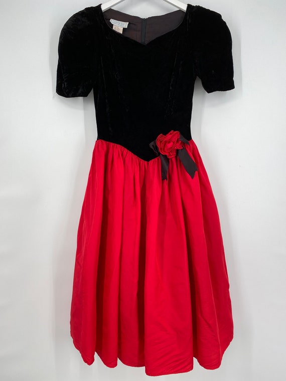 Vintage 80's Black Velvet Top Dress With Red Skir… - image 2