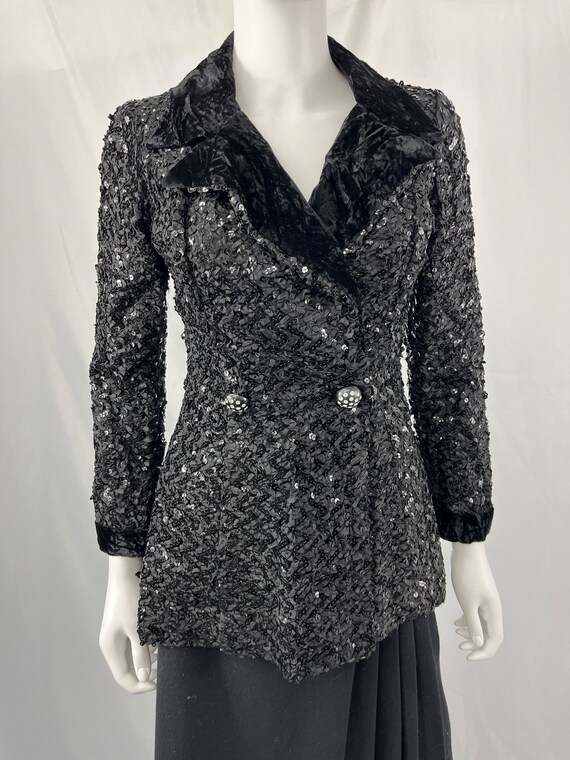 Vintage Black Fully Sequined Velvet Detail Blazer… - image 3