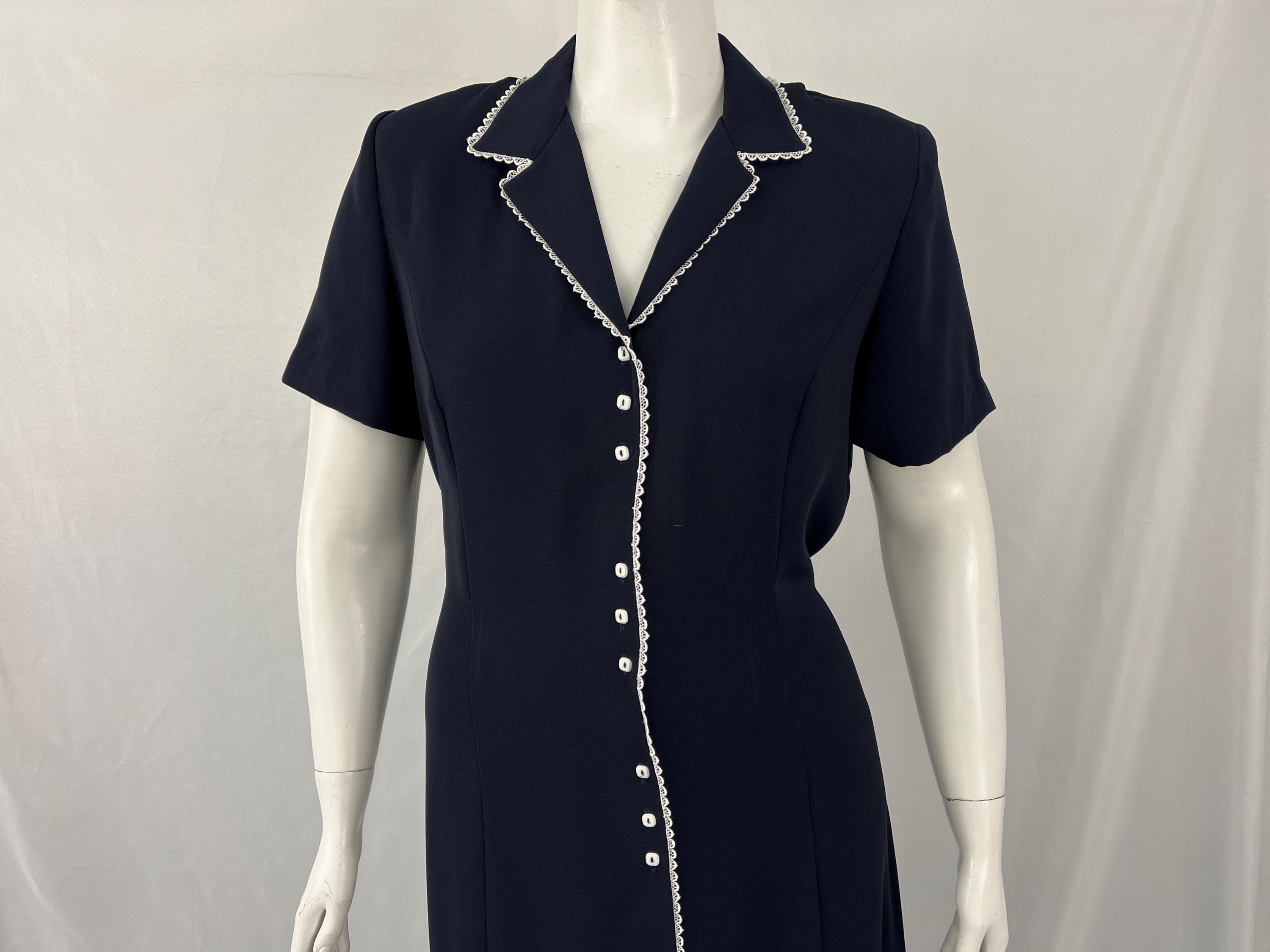 Vintage 80s Button Front Navy Dress With Lace Trim By Danny & Nicole / Size 18 / View Description For Measurements And Condition Details