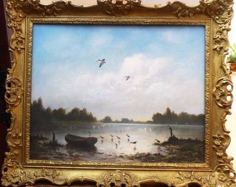 Pastel Titled The Blue Lagoon Ibis Birds In Flight River Landscape Paintings Gilt Frames