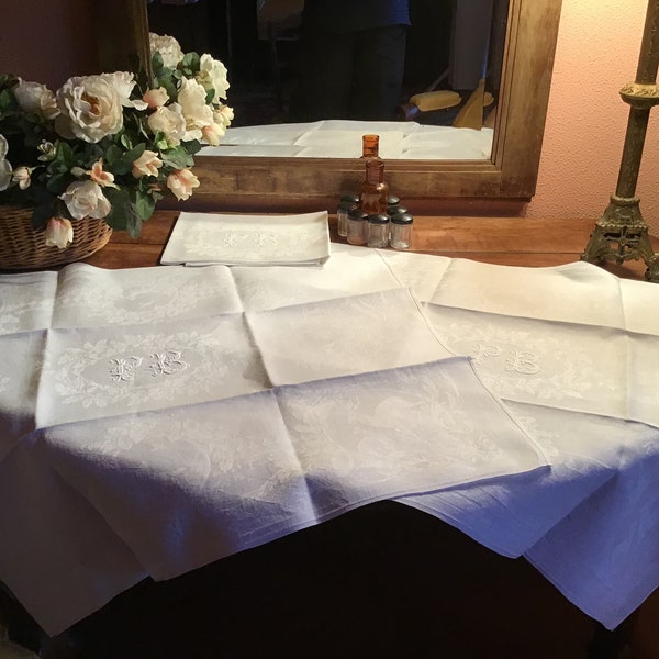 Set of 3 small linen tablecloths 19th embroidered "PB"