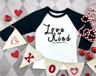 Love is Kind Kid's Tee: Christian Valentine's Raglan Shirt