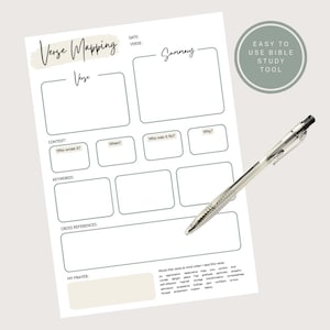 May include: A white printable "Verse Mapping" worksheet with a pen. The worksheet includes sections for verse, summary, context, keywords, and cross-references. The text "Easy to Use Bible Study Tool" is in a circle on the right.