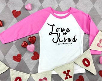 Love is Kind Kid's Raglan Tee: Christian Valentine's Shirt