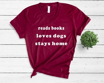Reads Books, Loves Dogs V-Neck Tee - Introvert Shirt