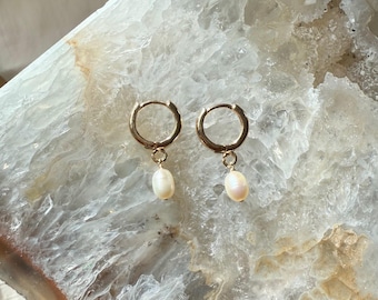 Pearl Hoop Earrings, Gold Fill Huggie Hoop Earrings, Freshwater Pearl Dangle Hoop Earring, Bridal Jewelry, Pearl Hoop Earrings