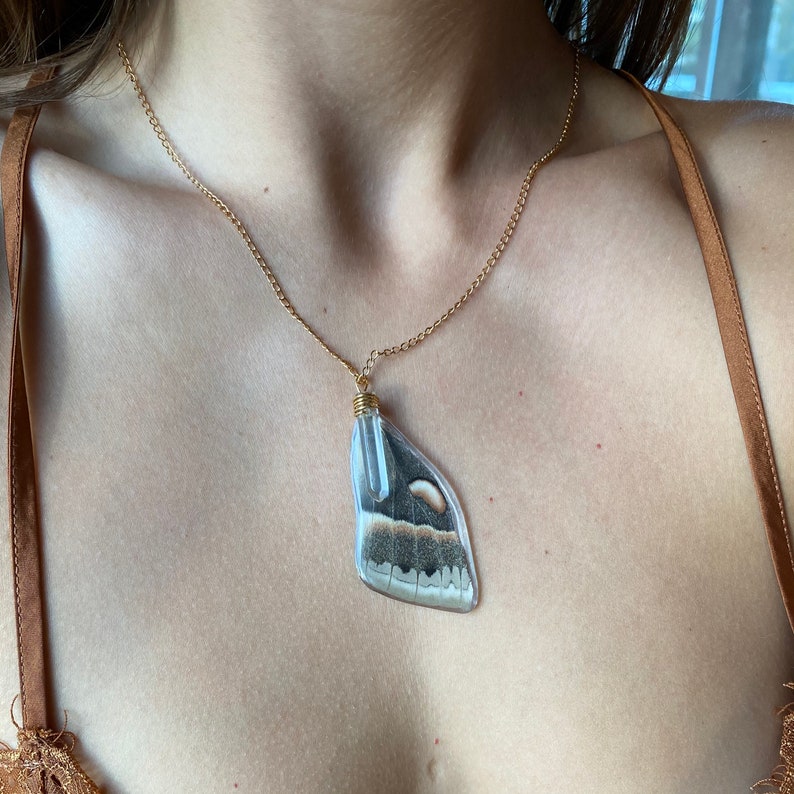 Clear Quartz Crystal Necklace Real Butterfly Necklace Cecropia Moth Wing Necklace Moth Wing Crystal Necklace 14k Gold Chain Necklace