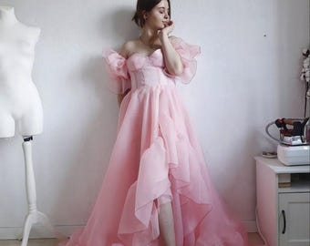 Pink Organza Corset Dress, Romantic Vintage Inspired Gown, Soft Princess Dress, Feminine Pastel Evening Dress, Handmade Custom Size