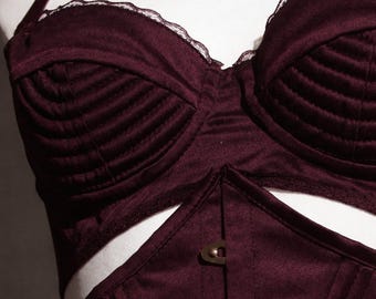 Burgundy Corset Lingerie Set, Underbust Corset Set, Luxury Lingerie, Strappy Lingerie Set, Dark Feminine Outfit, Cut Out Corset, Boudoir Set