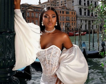 Bridal Corset Dress with Mermaid Skirt & Train | Lace Wedding Gown | Ready to Ship | Free Shipping