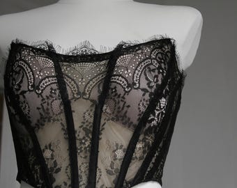Sheer Black Lace Corset Top, Romantic Bustier, Boned Corset, Bridal Lingerie, Gothic Lace Corset, Handmade Corset Top