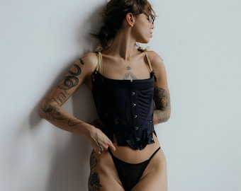 Black Satin Corset Top, Lingerie Corset, Overbust Corset Top, Handmade Corset, Vintage Inspired Bustier, Lace Up Back Corset Free Shipping