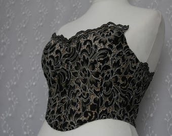 Sheer Lace Corset Nude Illusion Top Black Strapless Corset Bustier Lace Up Back Romantic Gothic Lingerie Bridal Bodice