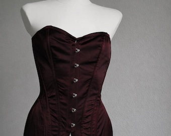 Burgundy Satin Overbust Corset – 18th Century Inspired Historical Corset, Victorian Style Bustier, Handmade Boned Corset, Worldwide Shipping