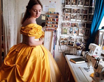 Golden Corset Ball Gown | Belle Inspired Yellow Dress | Handmade Fairytale Gown | Ready to Ship | Free Shipping