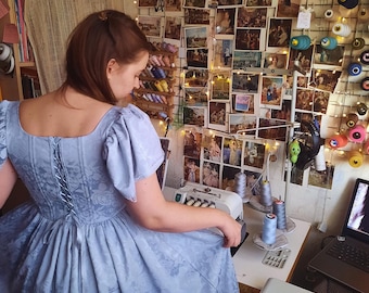 Blue Cottagecore Corset Dress, Puff Sleeve Romantic Dress, Vintage Inspired Lace Up Back Dress, Handmade Cotton Jacquard Dress, Custom Size