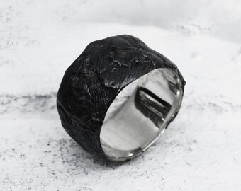 Grime (US 10 1/4) total black gothic ring men, goth black metal ring, meteorite black ring, hammered chunky black ring, dark style ring