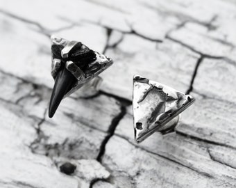 Abrupt | triangle shark tooth earrings, black tooth studs, shark silver studs, fossil shark tooth earrings, genuine tooth earrings brutal
