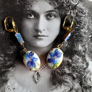Cameo Earrings. Art Deco Earrings. Edwardian Earrings. Blue Violet Art Nouveau Earrings. Vintage Style. Victorian Long Floral Earrings.