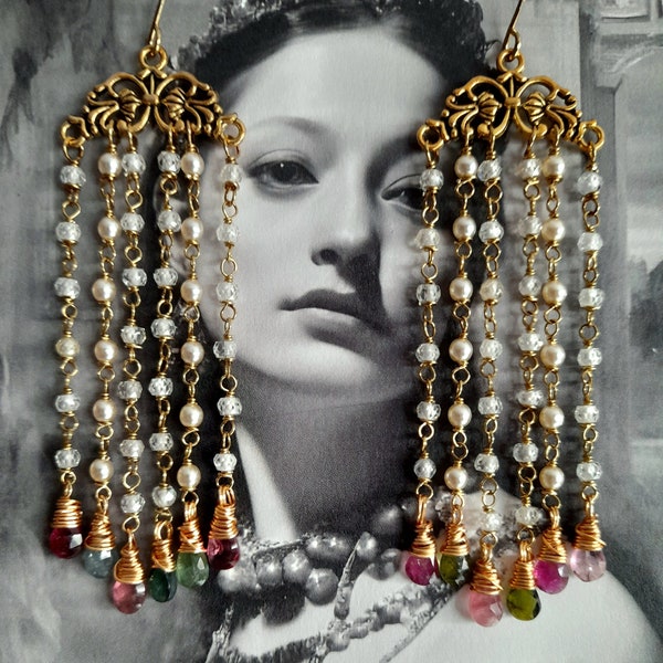 Tourmaline & Zircon Chandelier Earrings. Dainty Gold Filled Earrings. Statement Earrings. Bohemian Style Long Earrings. Handmade Jewellery.