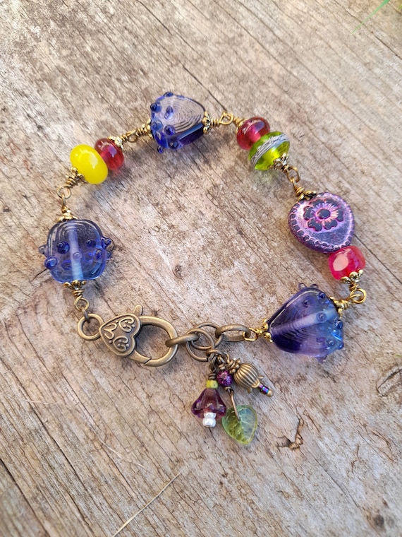 The Garden of Eden Bracelet. Handmade Glass Beads and Brass