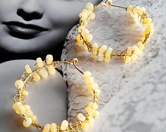 Enchanting Welo Opal Gold Hoop Earrings. Elegant Circle Hoop Earrings. Artisan Handmade Earrings. Bohemian.