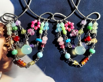 Multi Gemstone Chandelier Earrings. Dangle Drop Bohemian Earrings. Pastel Colours Beaded Gemstone Earrings. Artisan Crafted Unique Jewellery