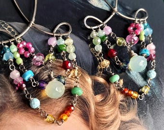 Multi Gemstone Chandelier Earrings. Dangle Drop Bohemian Earrings. Pastel Colours Beaded Gemstone Earrings. Artisan Crafted Unique Jewellery