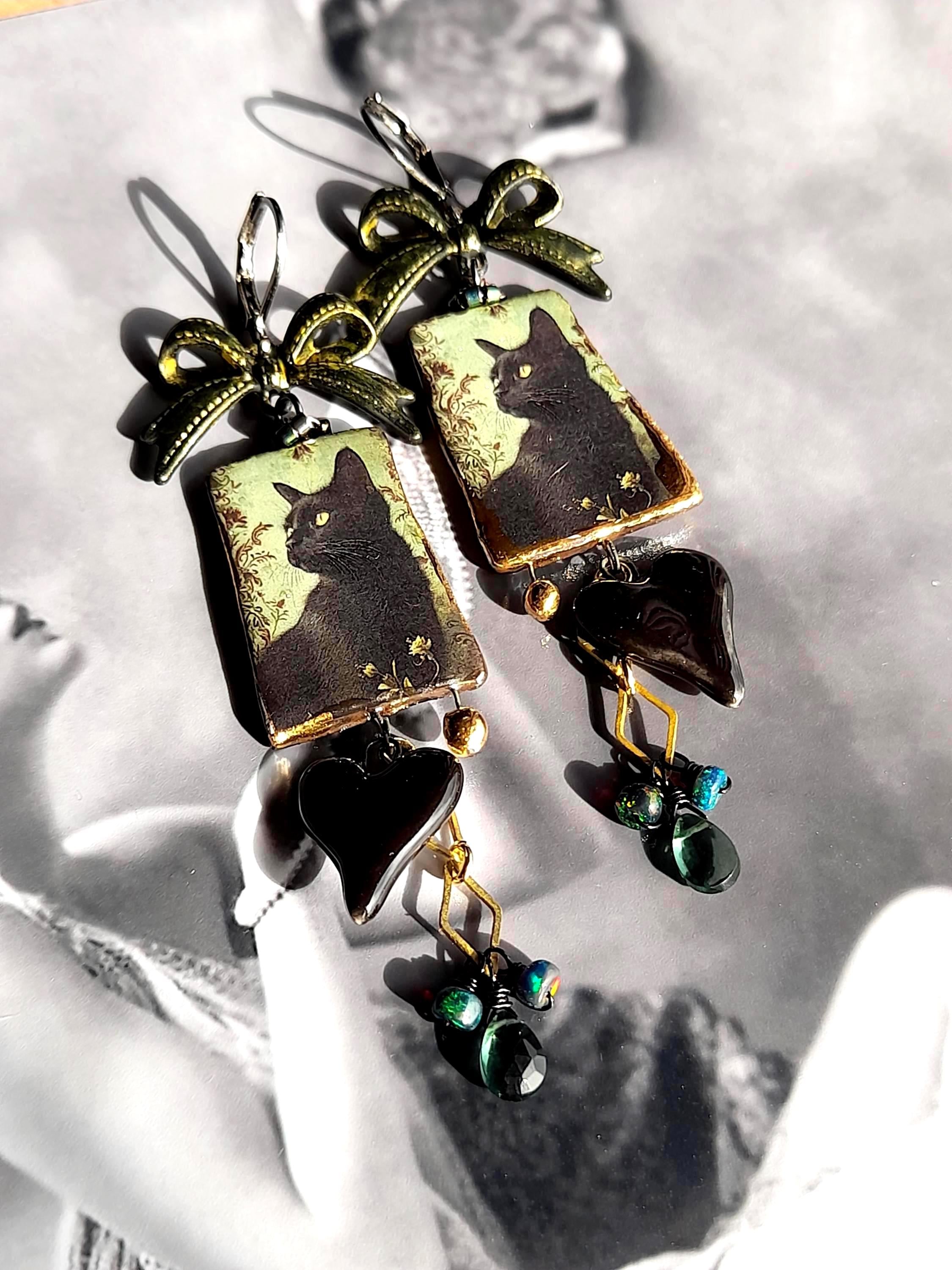 The Cat in Me - Mystical Black Cat Earrings with Gold Accents & Gemstone Magic. Artisan Ceramic Earrings with Black Opal and Moss Aquamarine