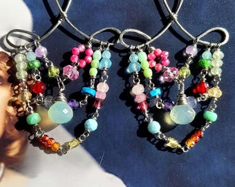Multi Gemstone Chandelier Earrings. Dangle Drop Bohemian Earrings. Pastel Colours Beaded Gemstone Earrings. Artisan Crafted Unique Jewellery