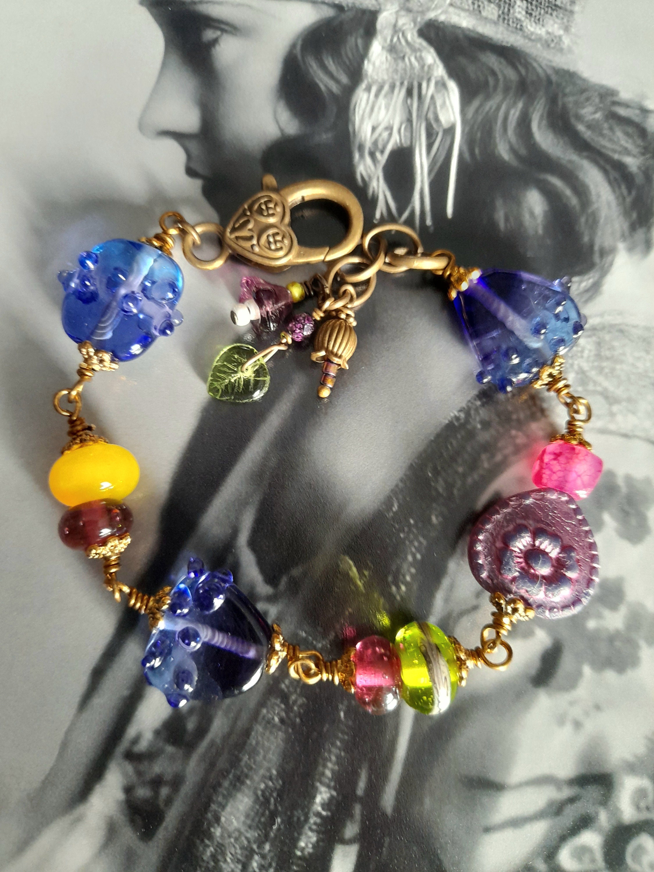 The Garden of Eden Bracelet. Handmade Glass Beads and Brass