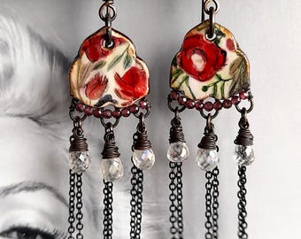 Scent of a Rose - Romantic Ceramic Rose Earrings with Himalayan Quartz & Garnet