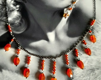 Orange Carnelian Fringe Necklace. Boho Chic Gemstone Necklace. Rustic Dainty Oxidised Chain Necklace. Bib Necklace. Artisan Jewellery.