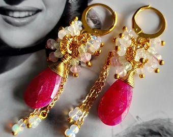 Glimmering Ruby Reverie: Juicy Burma Rubies, Ethiopian Opal, Prehnite & Moonstone Earrings of Bohemian Luxe. Romantic Cluster Earrings.