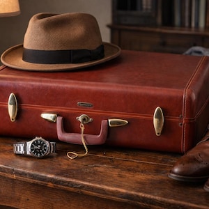 May include: A brown fedora hat with a black band rests on a vintage red suitcase. A silver wristwatch and brown leather dress shoes are also on the wooden surface, suggesting a travel theme. A lamp is in the background.